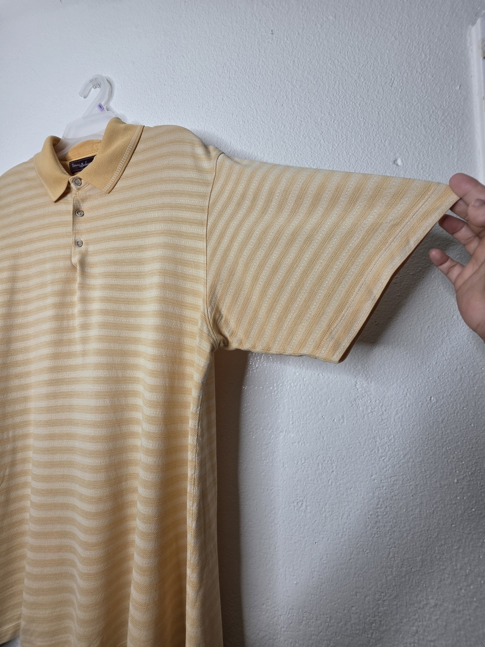 Tommy Bahama 18 Golf Mens L Yellow Beige Striped Short Sleeve Polo Palm Tree - Picture 8 of 15